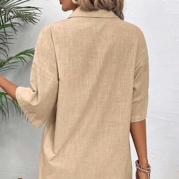 Khaki Casual Women's Solid Button Front Shirt & Drawstring Waist Shorts - Picture 2 of 7